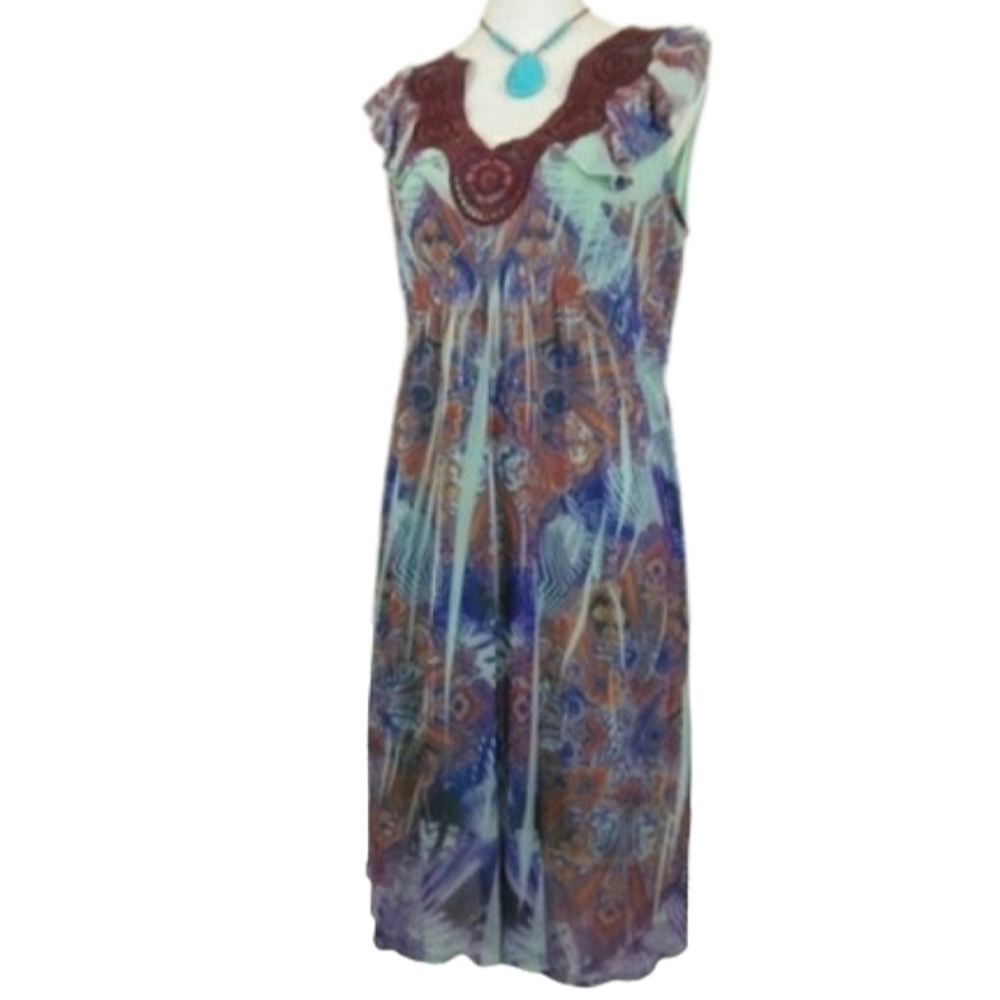 One World Cool Earthy Southwestern Knee Length Boho Bohemian Midi Dress